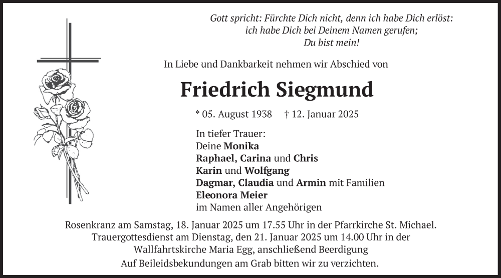  Traueranzeige für Friedrich Siegmund vom 17.01.2025 aus merkurtz