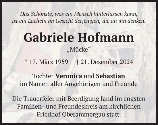 Traueranzeige von Gabriele Hofmann von merkurtz