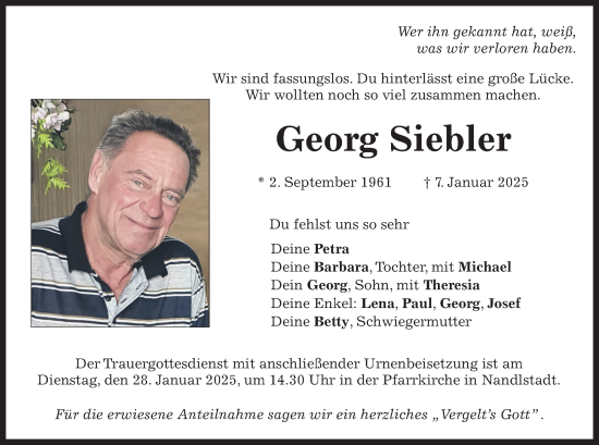Traueranzeige von Georg Siebler von merkurtz