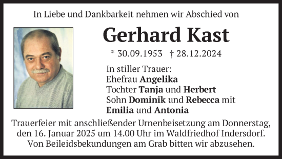 Traueranzeige von Gerhard Kast von merkurtz
