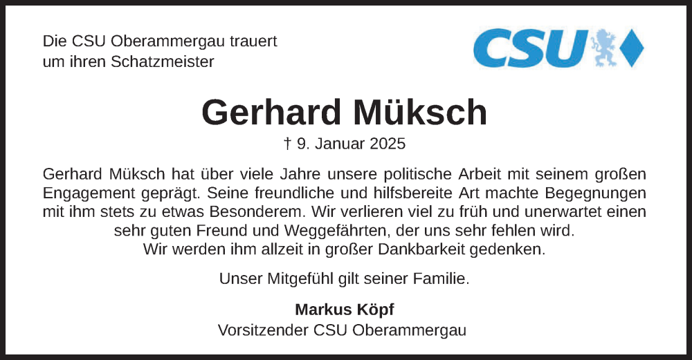  Traueranzeige für Gerhard Müksch vom 18.01.2025 aus merkurtz