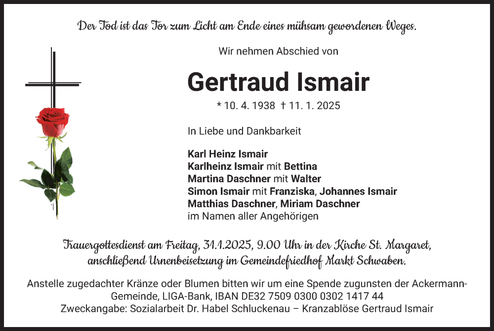  Traueranzeige für Gertraud Ismair vom 25.01.2025 aus merkurtz