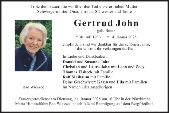 Traueranzeige von Gertrud John von merkurtz