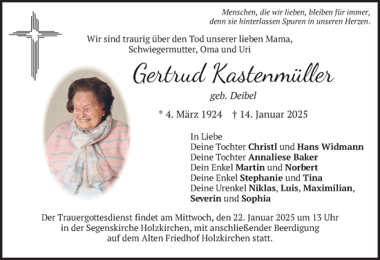 Traueranzeige von Gertrud Kastenmüller von merkurtz