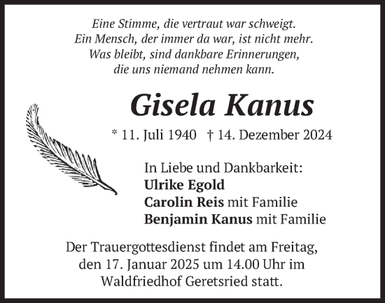 Traueranzeige von Gisela Kanus von merkurtz