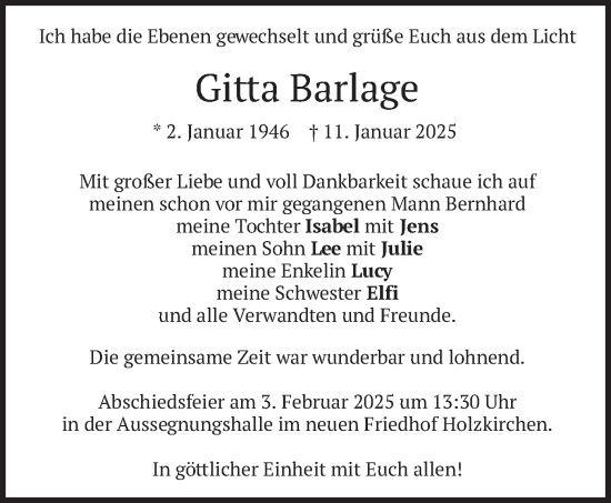 Traueranzeige von Gitta Barlage von merkurtz