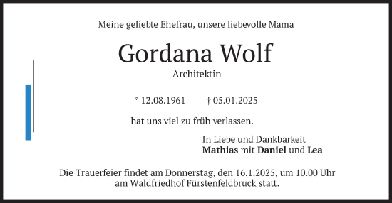 Traueranzeige von Gordana Wolf von merkurtz