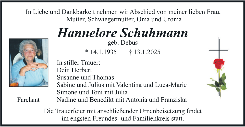  Traueranzeige für Hannelore Schuhmann vom 25.01.2025 aus merkurtz