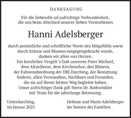 Traueranzeige von Hanni Adelsberger von merkurtz
