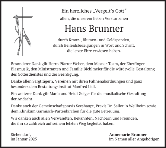 Traueranzeige von Hans Brunner von merkurtz