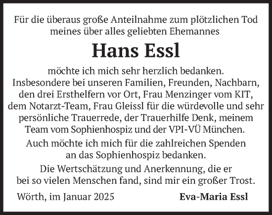 Traueranzeige von Hans Essl von merkurtz