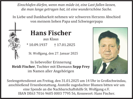 Traueranzeige von Hans Fischer von merkurtz
