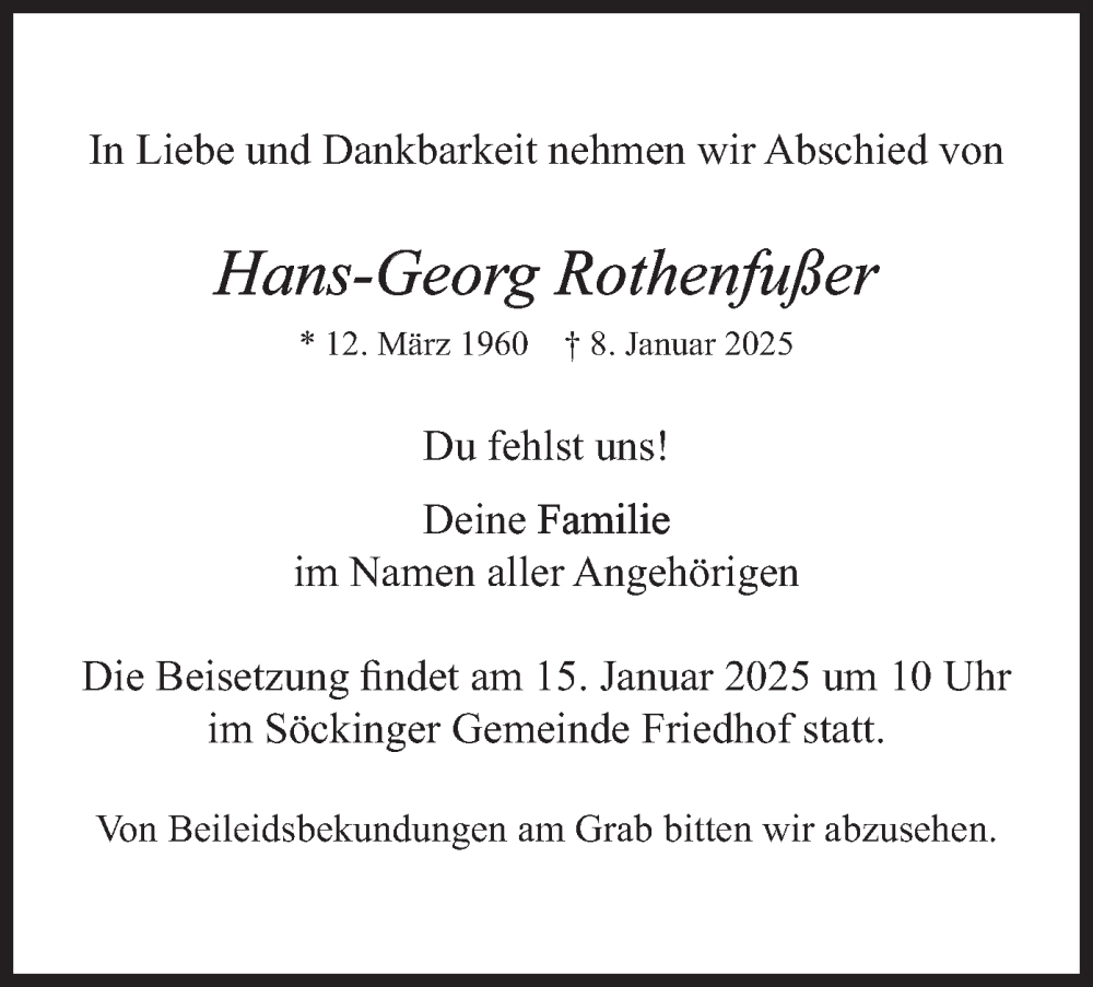  Traueranzeige für Hans-Georg Rothenfußer vom 11.01.2025 aus merkurtz