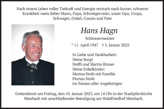 Traueranzeige von Hans Hagn von merkurtz