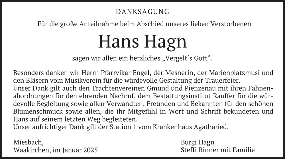  Traueranzeige für Hans Hagn vom 18.01.2025 aus merkurtz