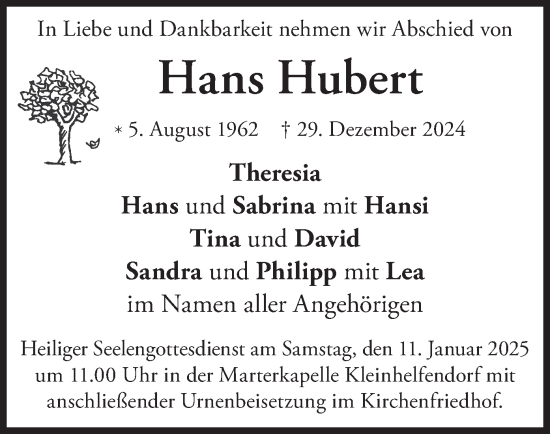 Traueranzeige von Hans Hubert von merkurtz