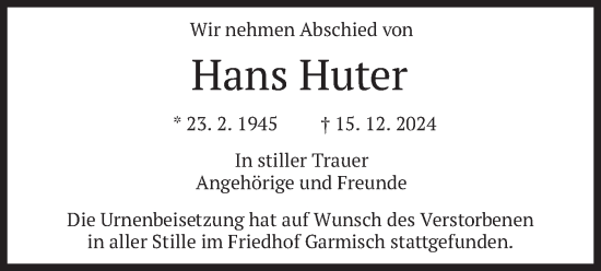 Traueranzeige von Hans Huter von merkurtz