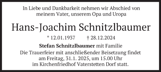 Traueranzeige von Hans-Joachim Schnitzlbaumer von merkurtz