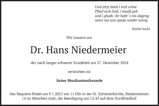 Traueranzeige von Hans Niedermeier von merkurtz