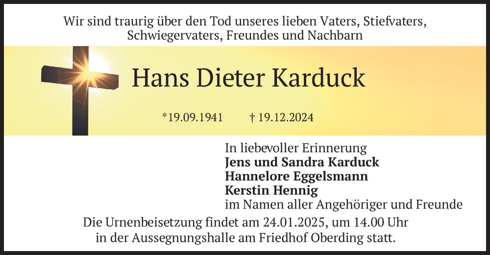  Traueranzeige für Hans Dieter Karduck vom 18.01.2025 aus merkurtz