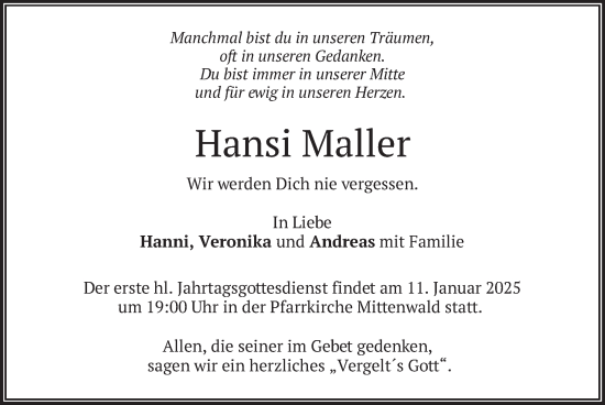 Traueranzeige von Hansi Maller von merkurtz