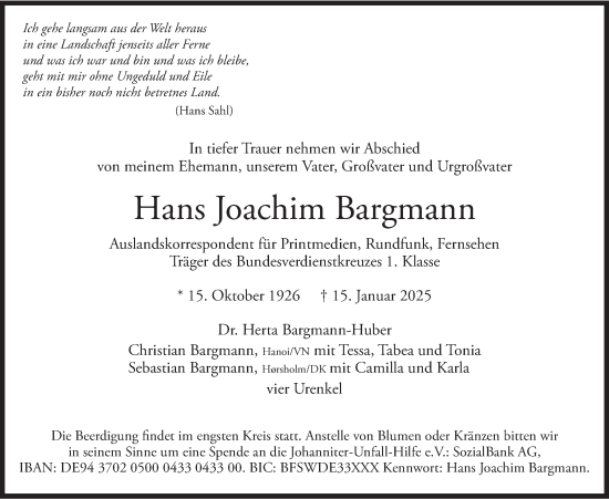 Traueranzeige von Hans Joachim Bargmann von merkurtz