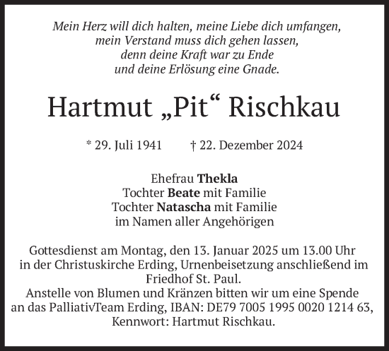 Traueranzeige von Hartmut Rischkau von merkurtz