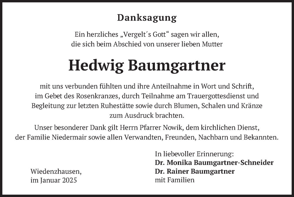  Traueranzeige für Hedwig Baumgartner vom 11.01.2025 aus merkurtz