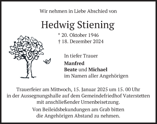 Traueranzeige von Hedwig Stiening von merkurtz