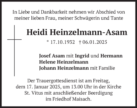 Traueranzeige von Heidi Heinzelmann-Asam von merkurtz