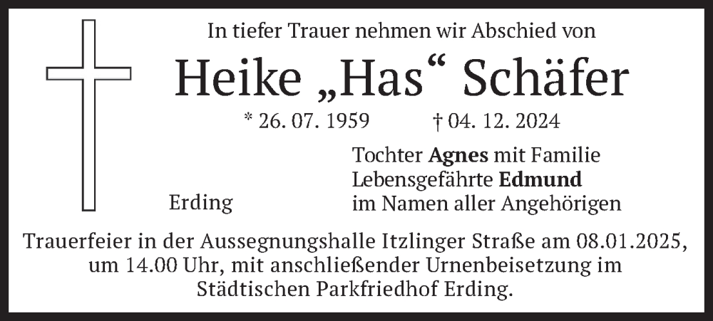  Traueranzeige für Heike Schäfer vom 04.01.2025 aus merkurtz