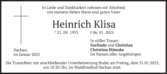 Traueranzeige von Heinrich Klisa von merkurtz