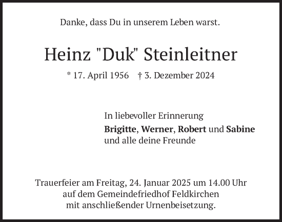 Traueranzeige von Heinz Steinleitner von merkurtz