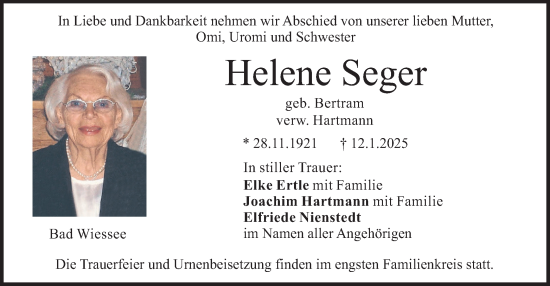 Traueranzeige von Helene Seger von merkurtz