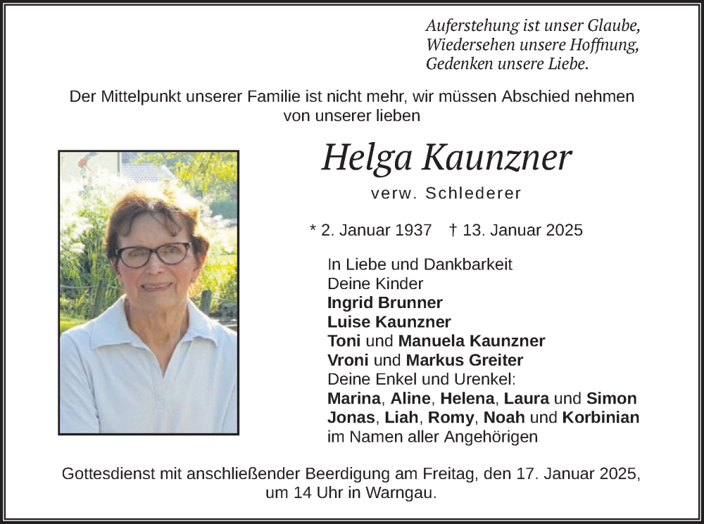  Traueranzeige für Helga Kaunzner vom 15.01.2025 aus merkurtz