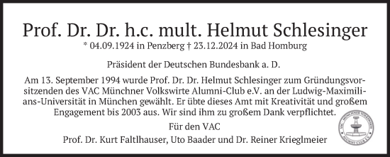 Traueranzeige von Helmut Schlesinger von merkurtz