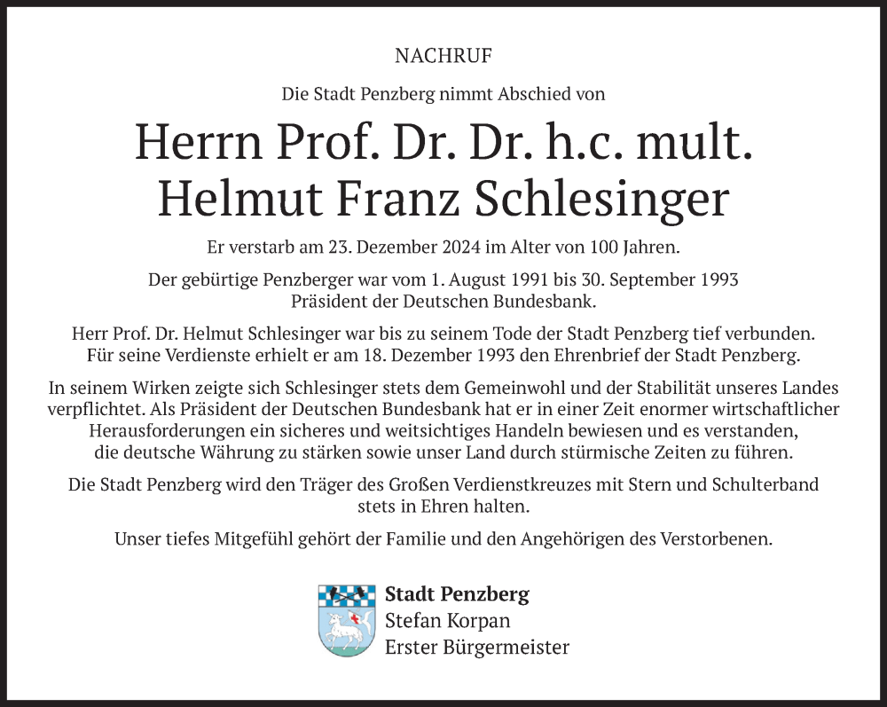  Traueranzeige für Helmut Franz Schlesinger vom 04.01.2025 aus Das Gelbe Blatt Penzberg