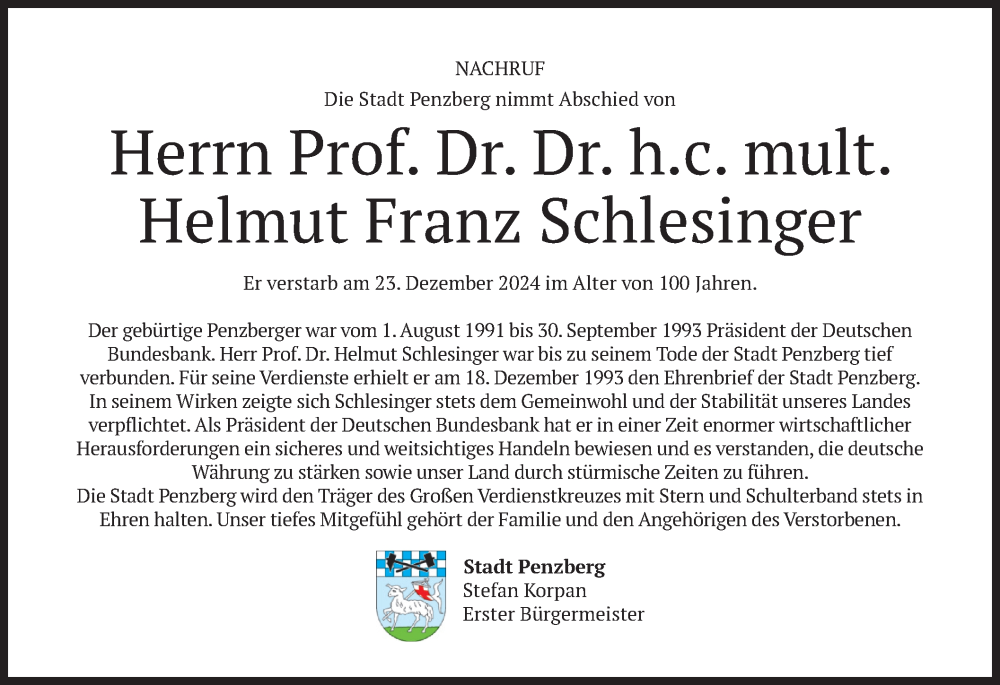  Traueranzeige für Helmut Franz Schlesinger vom 04.01.2025 aus merkurtz
