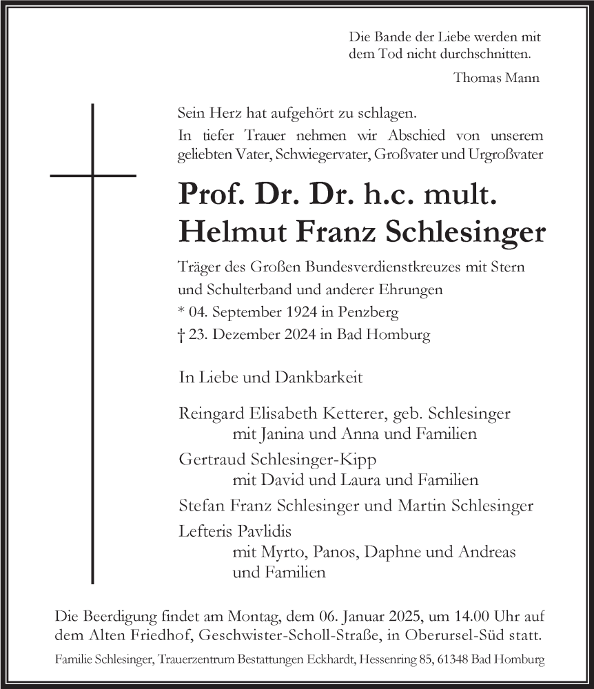  Traueranzeige für Helmut Franz Schlesinger vom 04.01.2025 aus Das Gelbe Blatt Penzberg