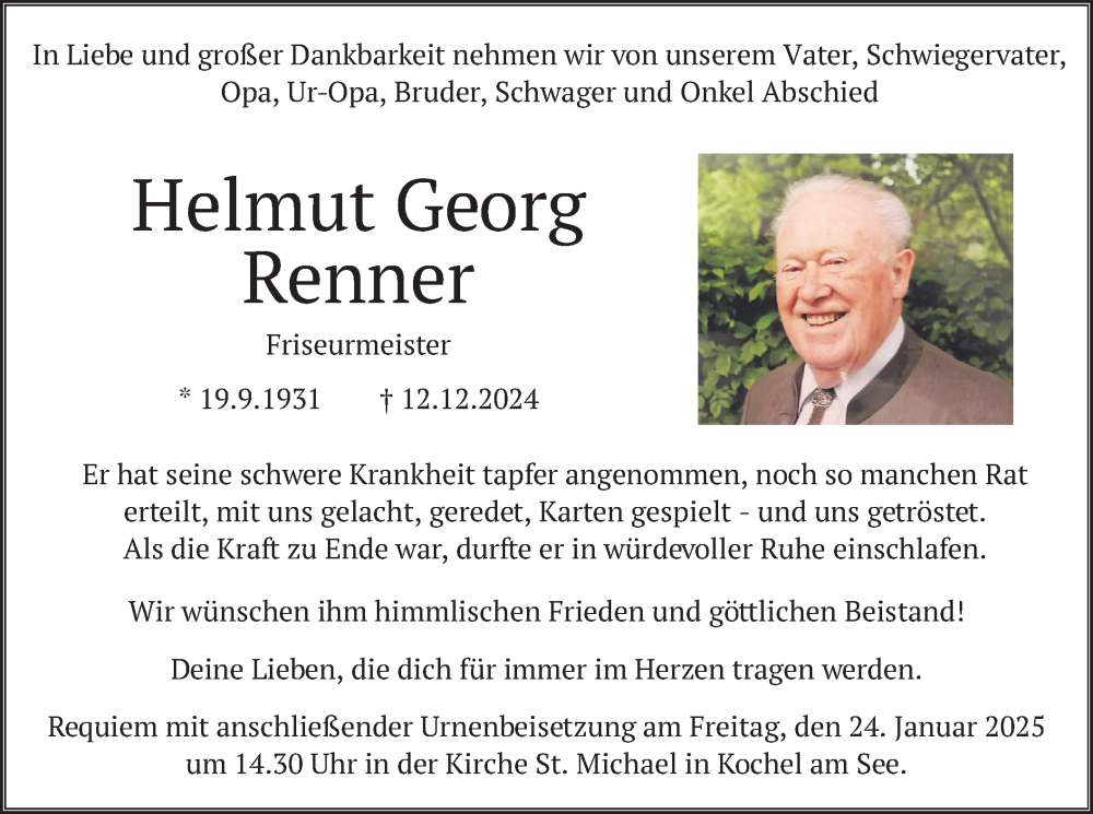  Traueranzeige für Helmut Georg Renner vom 18.01.2025 aus merkurtz