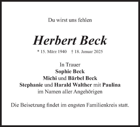 Traueranzeige von Herbert Beck von merkurtz