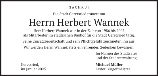 Traueranzeige von Herbert Wannek von merkurtz