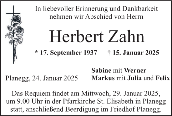 Traueranzeige von Herbert Zahn von merkurtz