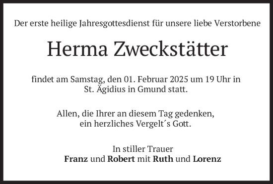 Traueranzeige von Herma Zweckstätter von merkurtz