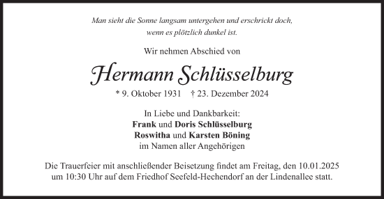 Traueranzeige von Hermann Schlüsselburg von merkurtz