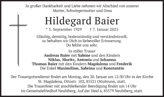 Traueranzeige von Hildegard Baier von merkurtz
