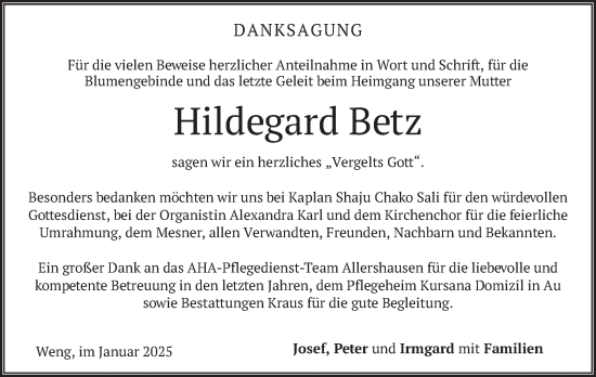 Traueranzeige von Hildegard Betz von merkurtz