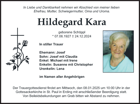 Traueranzeige von Hildegard Kara von merkurtz