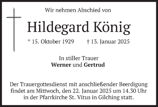 Traueranzeige von Hildegard König von merkurtz