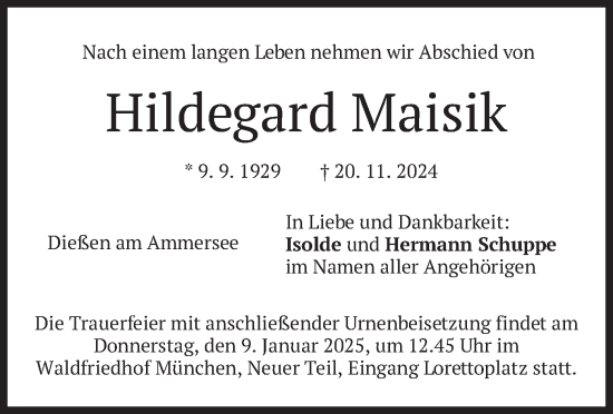 Traueranzeige von Hildegard Maisik von merkurtz